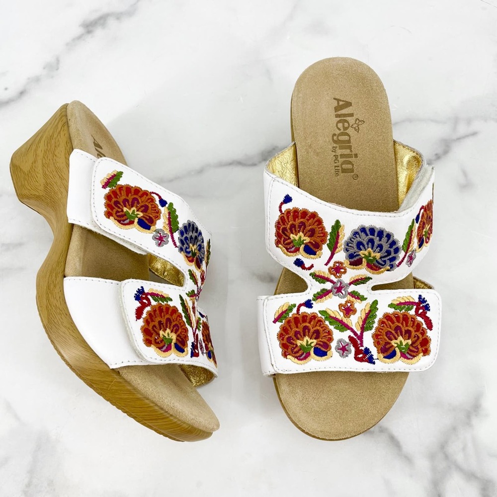 Alegria White Sandals with Red and Blue Floral Embroidery
